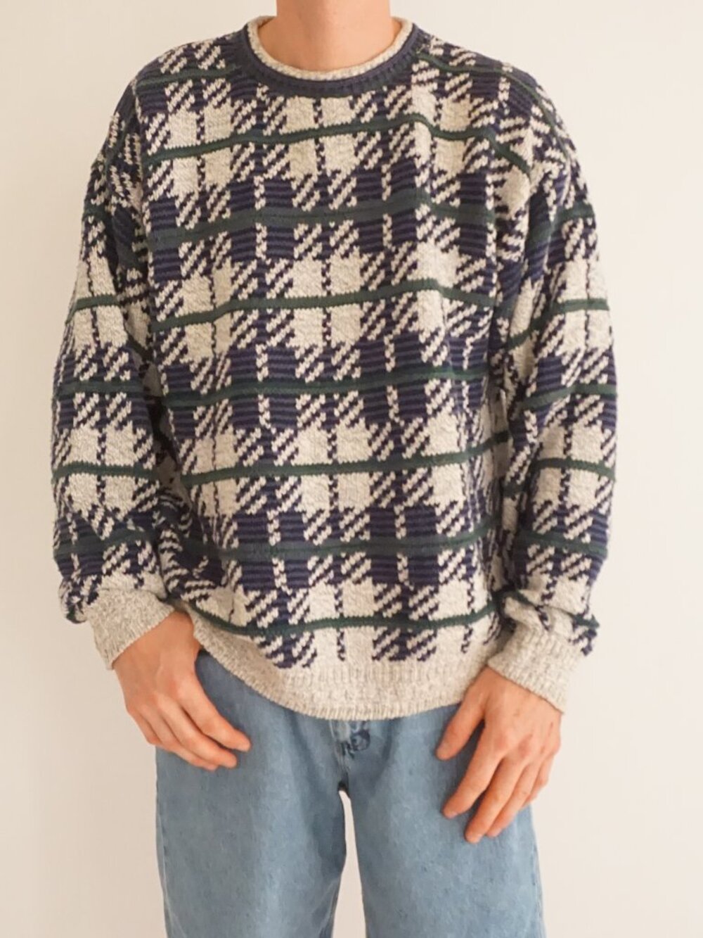 Vintage Van Heusen Navy Cream Green Houndstooth Geometric Cotton Knit Sweater XL